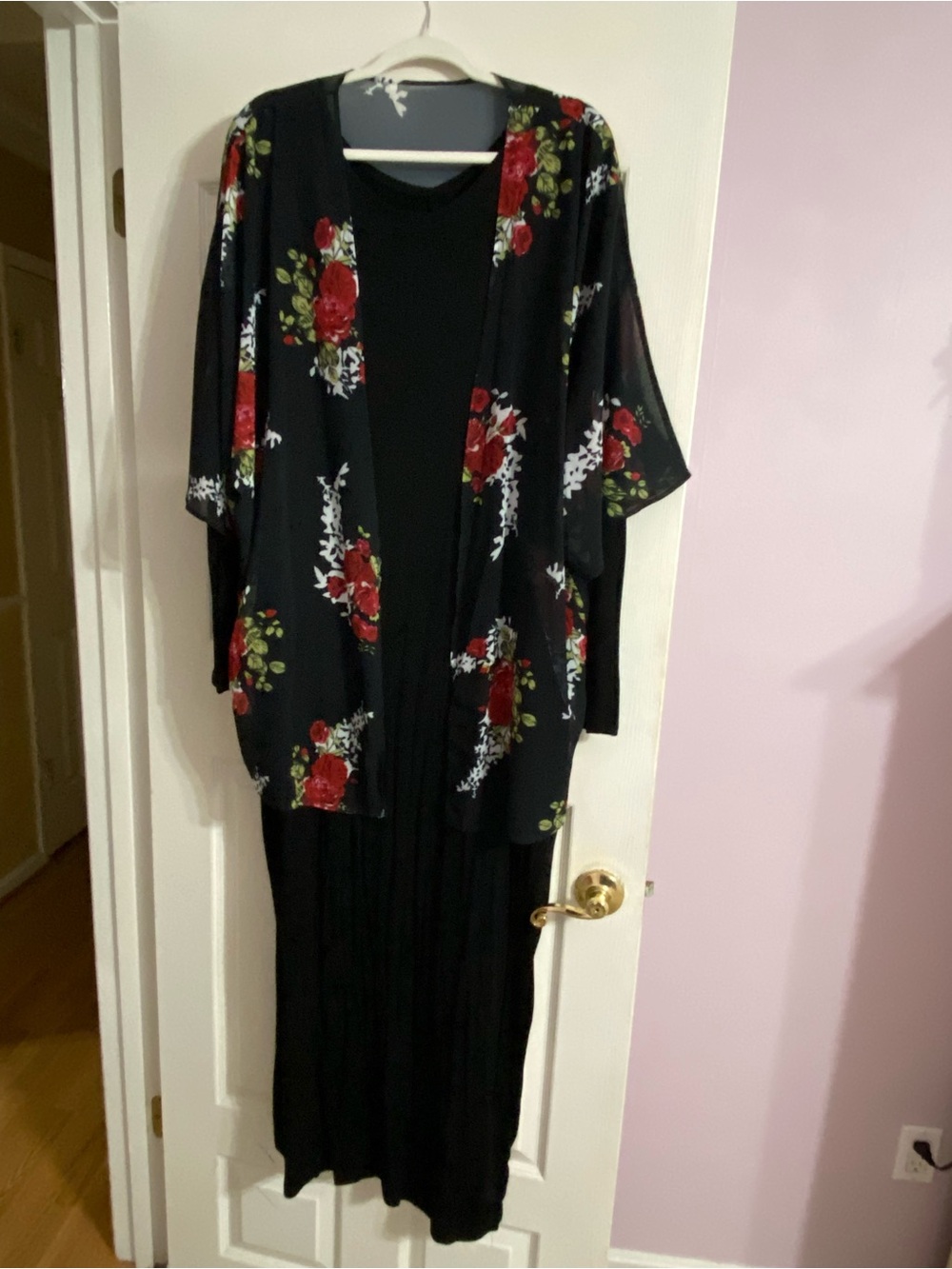 EUC! Black Floral Kimono and maxi dress with Red Rose Print